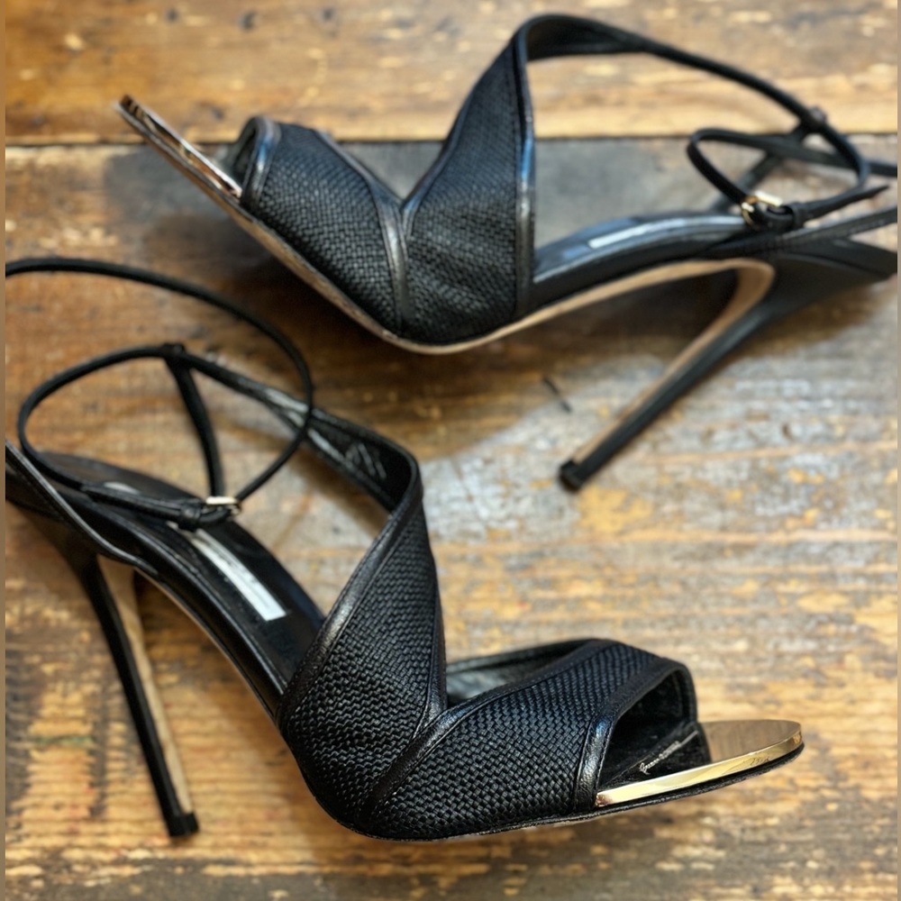 Brian Atwood Black Woven Wrap Around Stiletto Heels